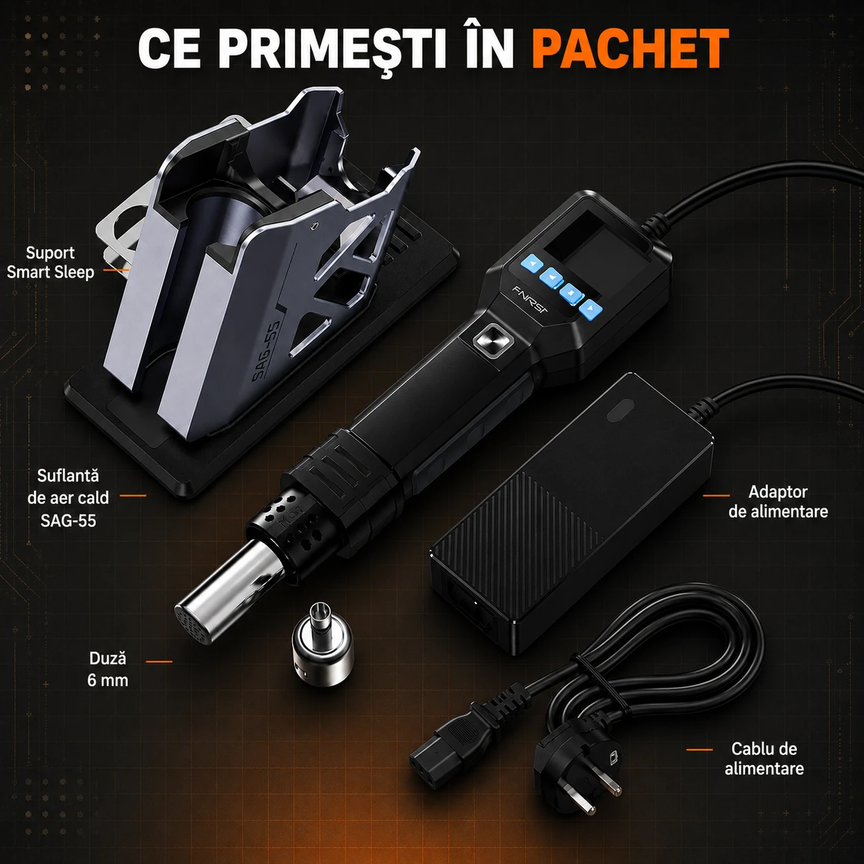 Ce primești în pachet — suflantă SAG-55, suport Smart Sleep, duză 6 mm, adaptor și cablu de alimentare EU