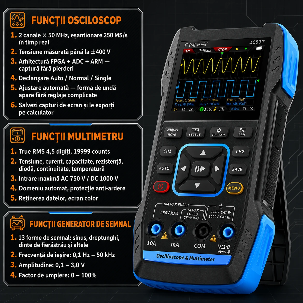 Cele trei funcții pe larg — osciloscop, multimetru, generator de semnal