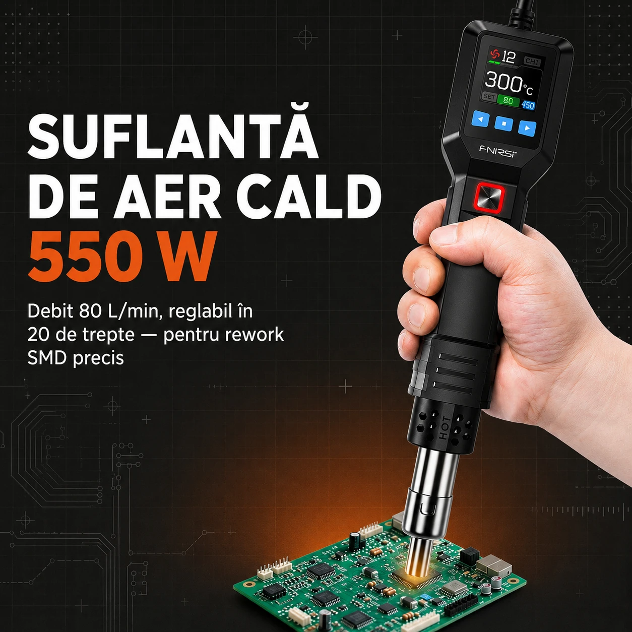 Suflantă de aer cald 550 W — debit 80 L/min, reglabil în 20 de trepte, pentru rework SMD
