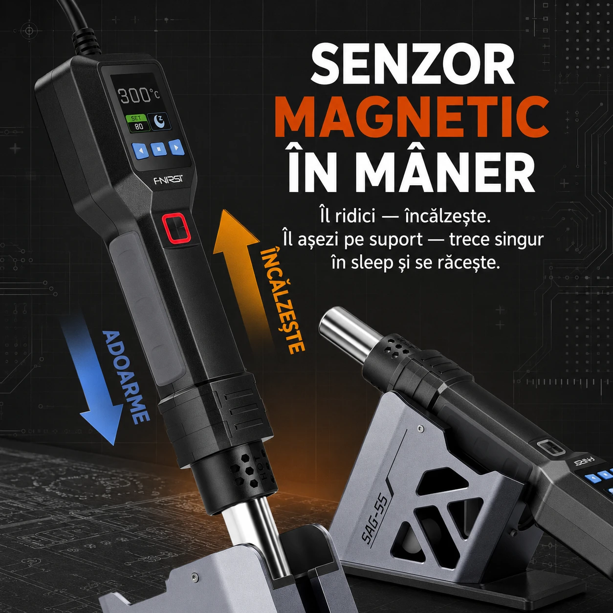 Senzor magnetic în mâner — încălzește când o ridici, trece în sleep pe suportul Smart Sleep