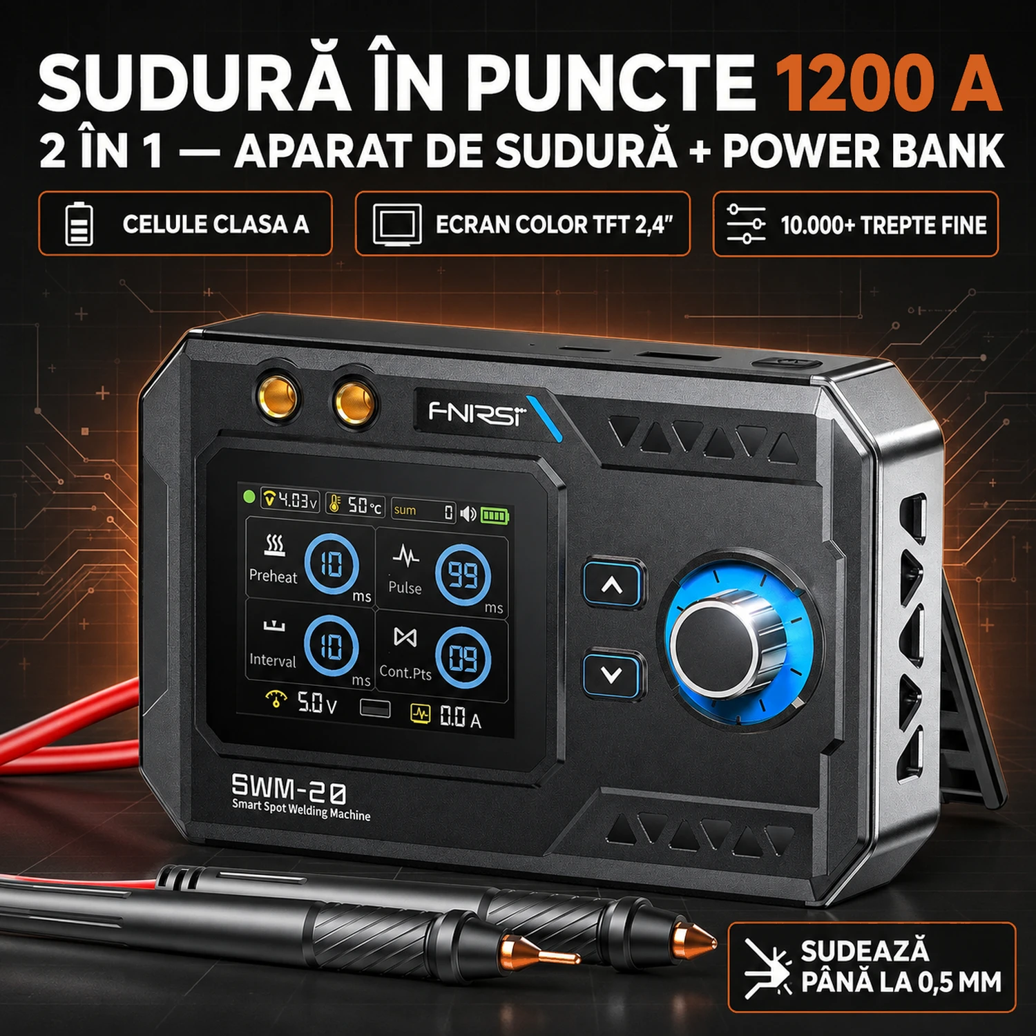 Aparat de sudură în puncte FNIRSI SWM-20 — 1200 A, 2 în 1 cu power bank, celule clasa A, ecran TFT 2,4 inch, 10000+ trepte