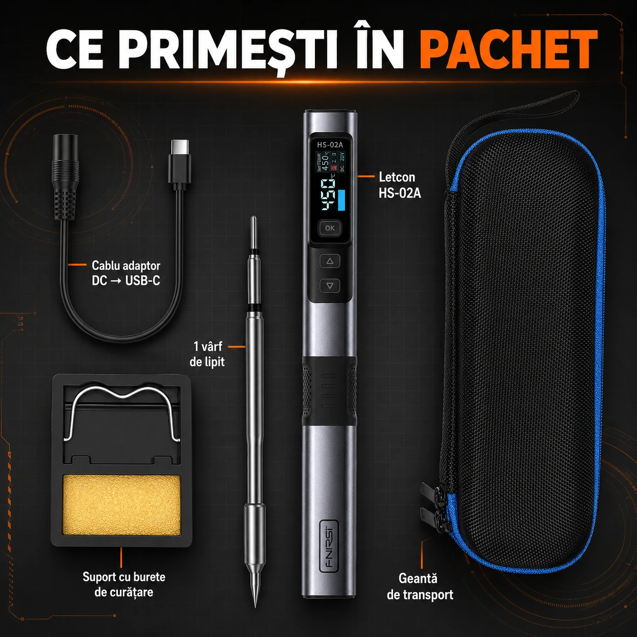 Ce primești în pachet — FNIRSI HS-02A, varianta cu 1 vârf, fără alimentator