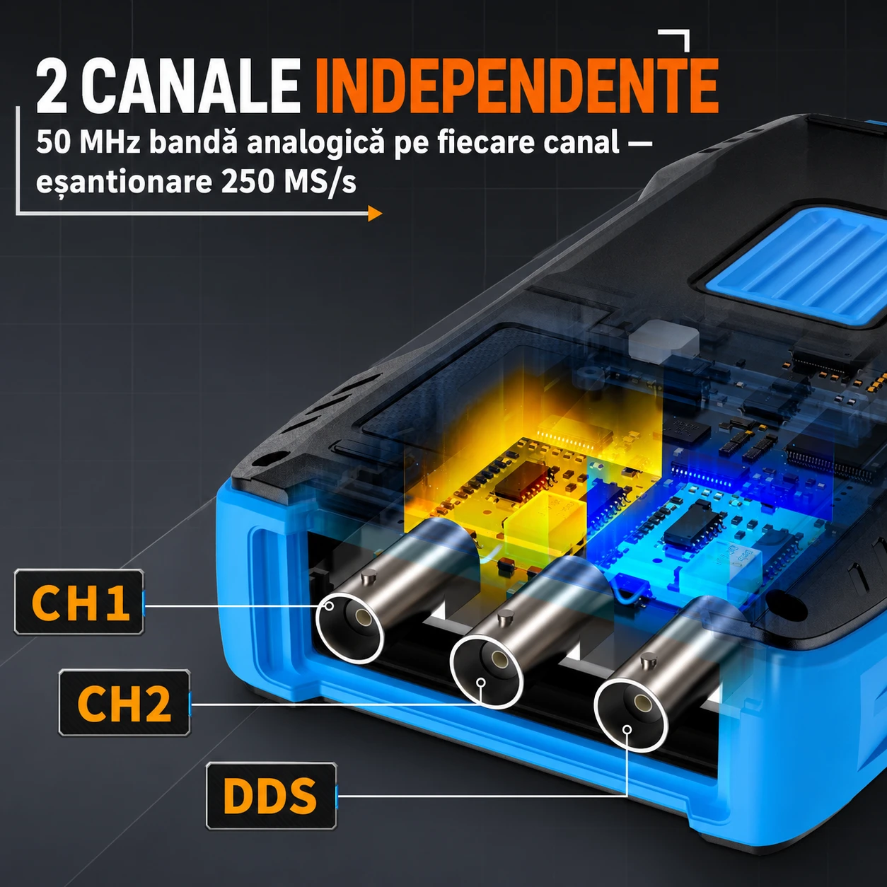 2 canale independente — 50 MHz bandă analogică pe fiecare canal, 250 MS/s