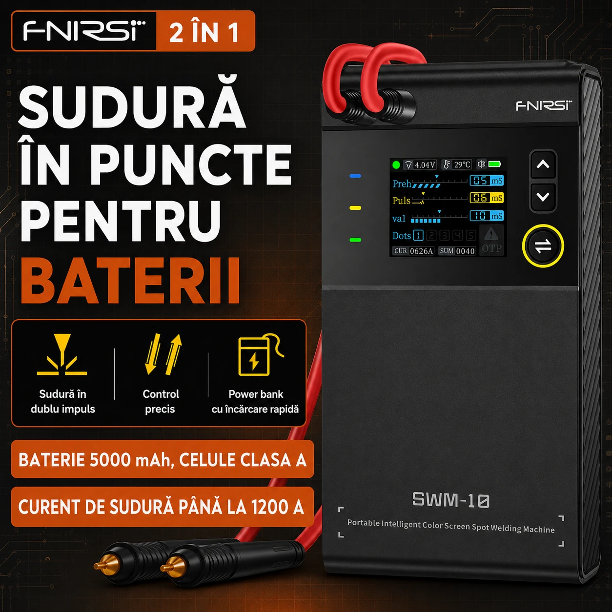 Aparat de sudură în puncte pentru baterii FNIRSI SWM-10 — 2 în 1, dublu impuls, 5000 mAh, 1200 A