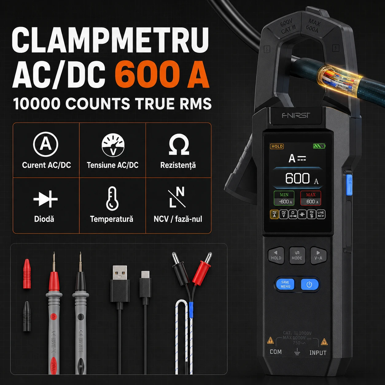 Clampmetru FNIRSI DMC-100 — AC/DC 600 A, 10000 counts True RMS, funcții și accesorii