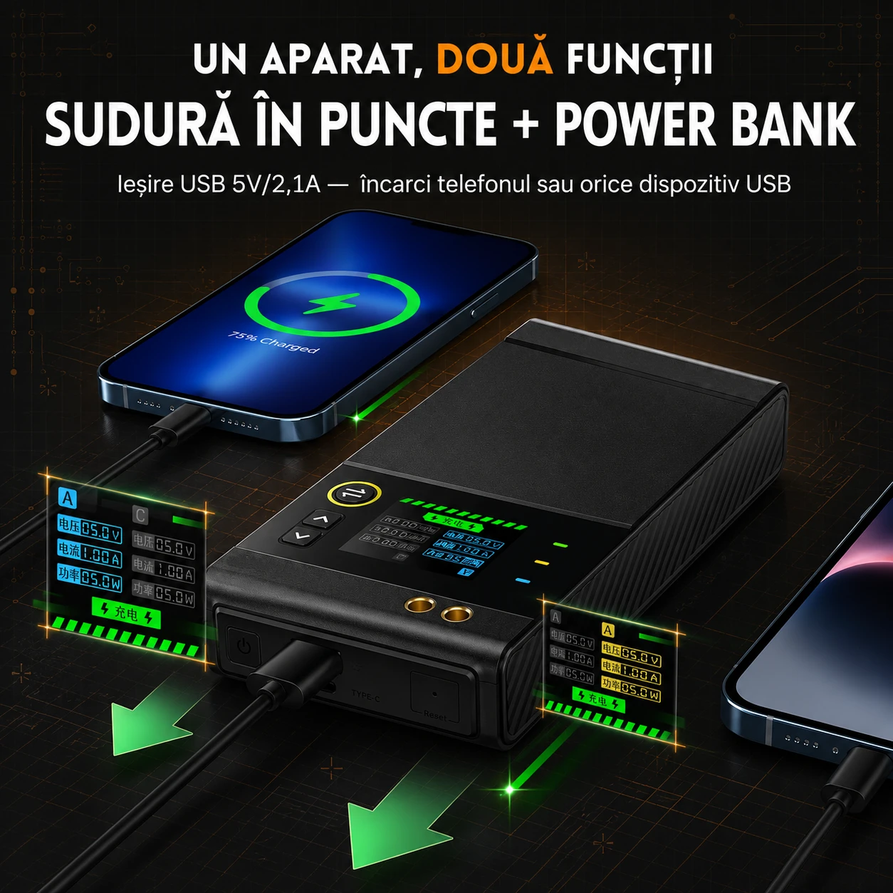 Un aparat, două funcții — sudură în puncte și power bank cu ieșire USB 5V/2,1A