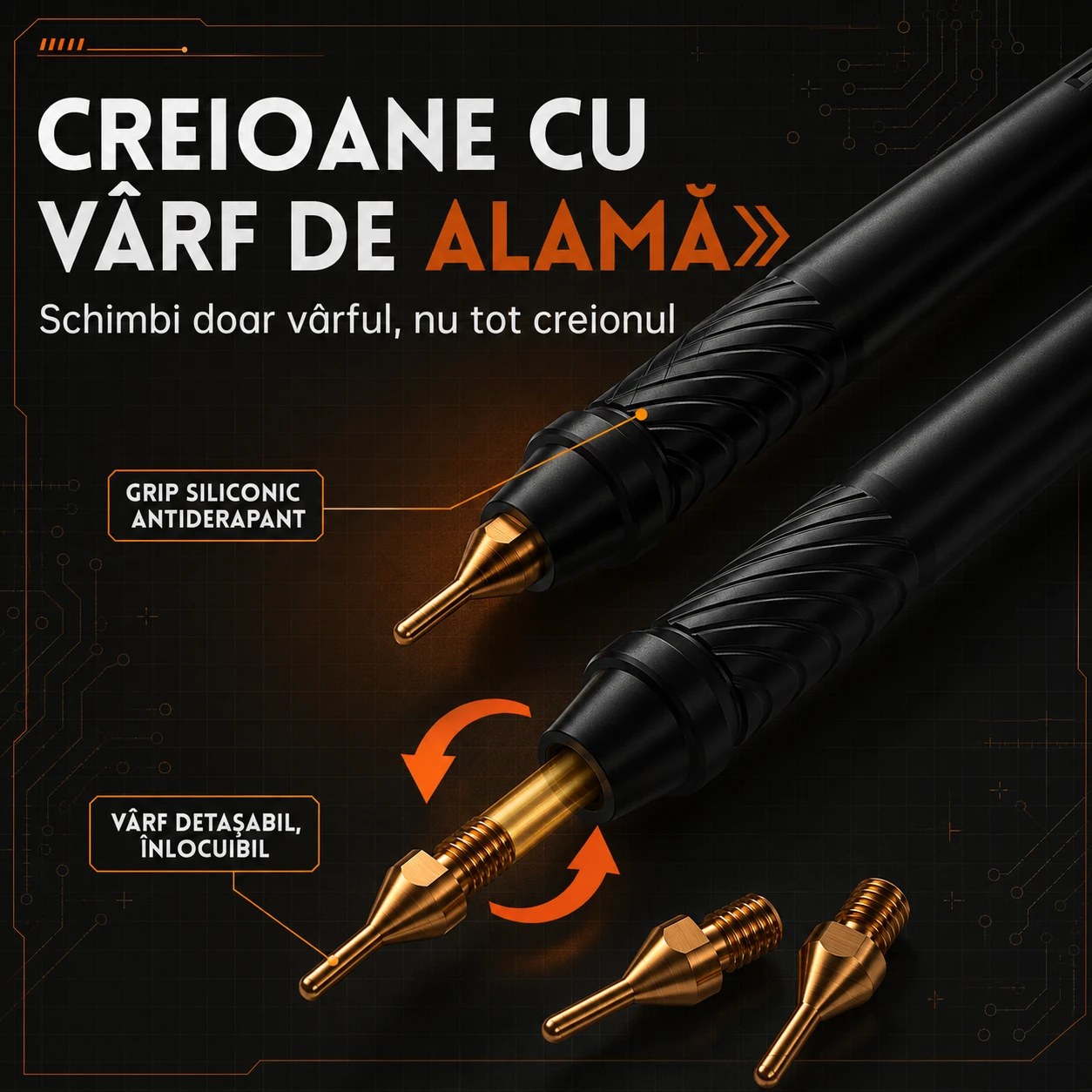 Creioane de sudură cu vârf de alamă — grip siliconic, vârf detașabil și înlocuibil