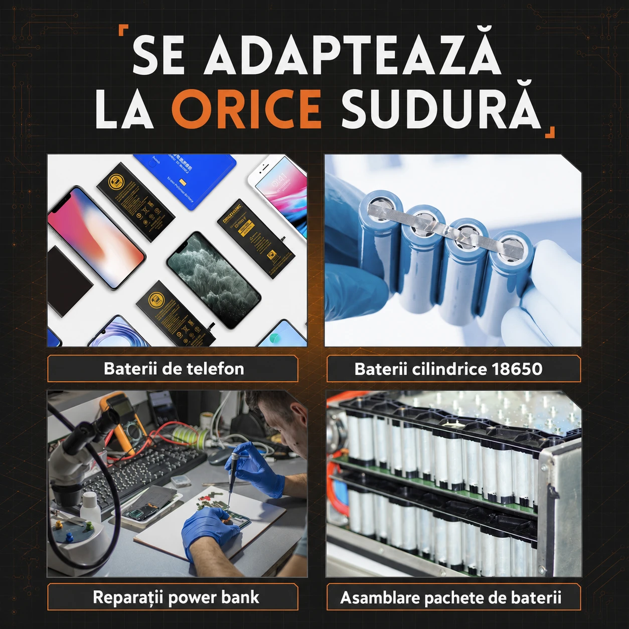Se adaptează la orice sudură — baterii de telefon, celule 18650, reparații power bank, asamblare pachete