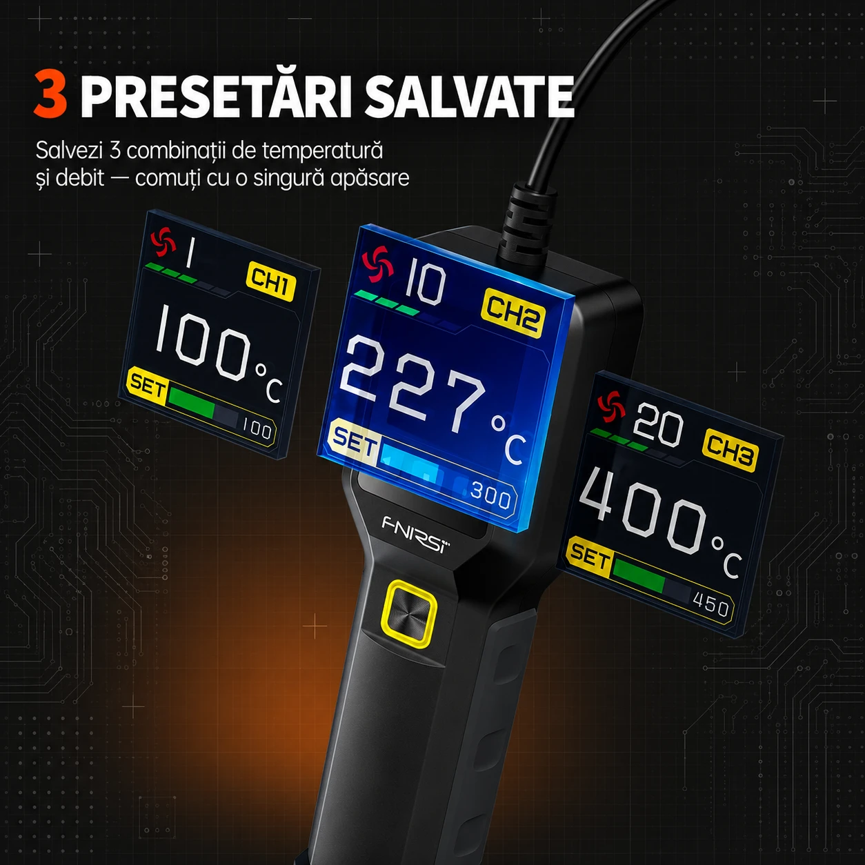 3 presetări salvate — temperatură și debit, comutare cu o singură apăsare