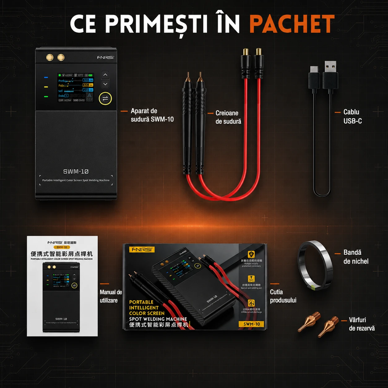 Ce primești în pachet — aparat SWM-10, creioane de sudură, cablu USB-C, manual, bandă de nichel, vârfuri de rezervă