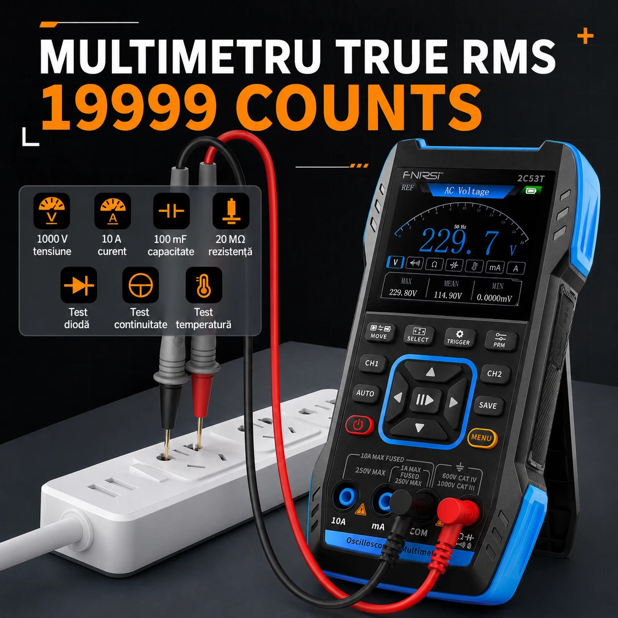 Multimetru True RMS 19999 counts — tensiune, curent, capacitate, rezistență, diodă, continuitate, temperatură