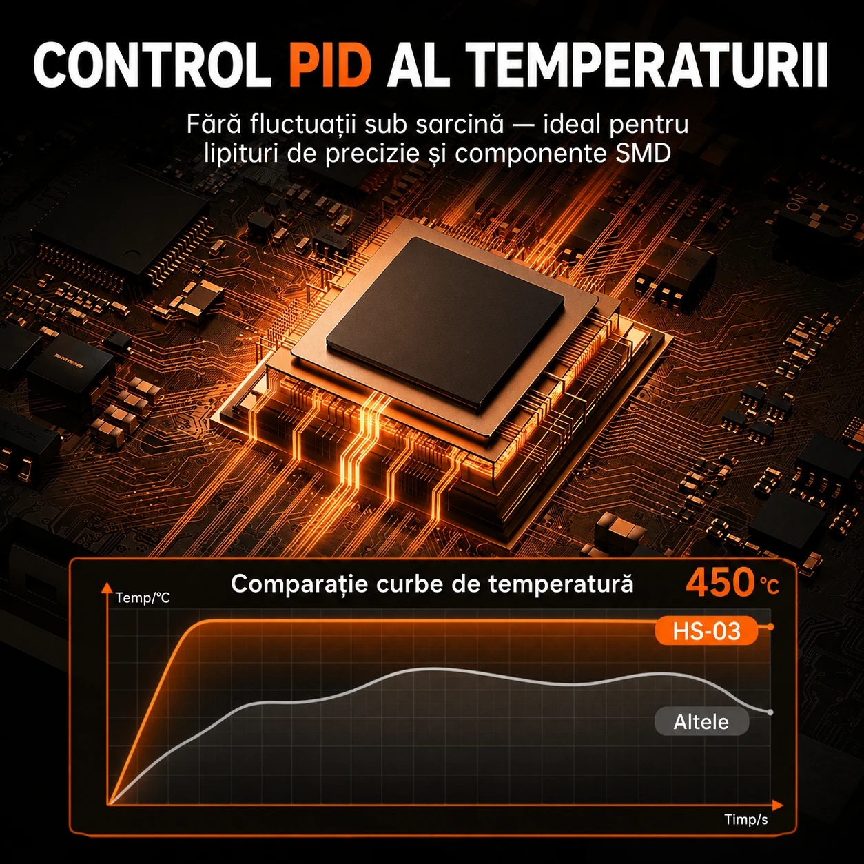 Control PID — curbă de temperatură stabilă comparativ cu alte letcoane