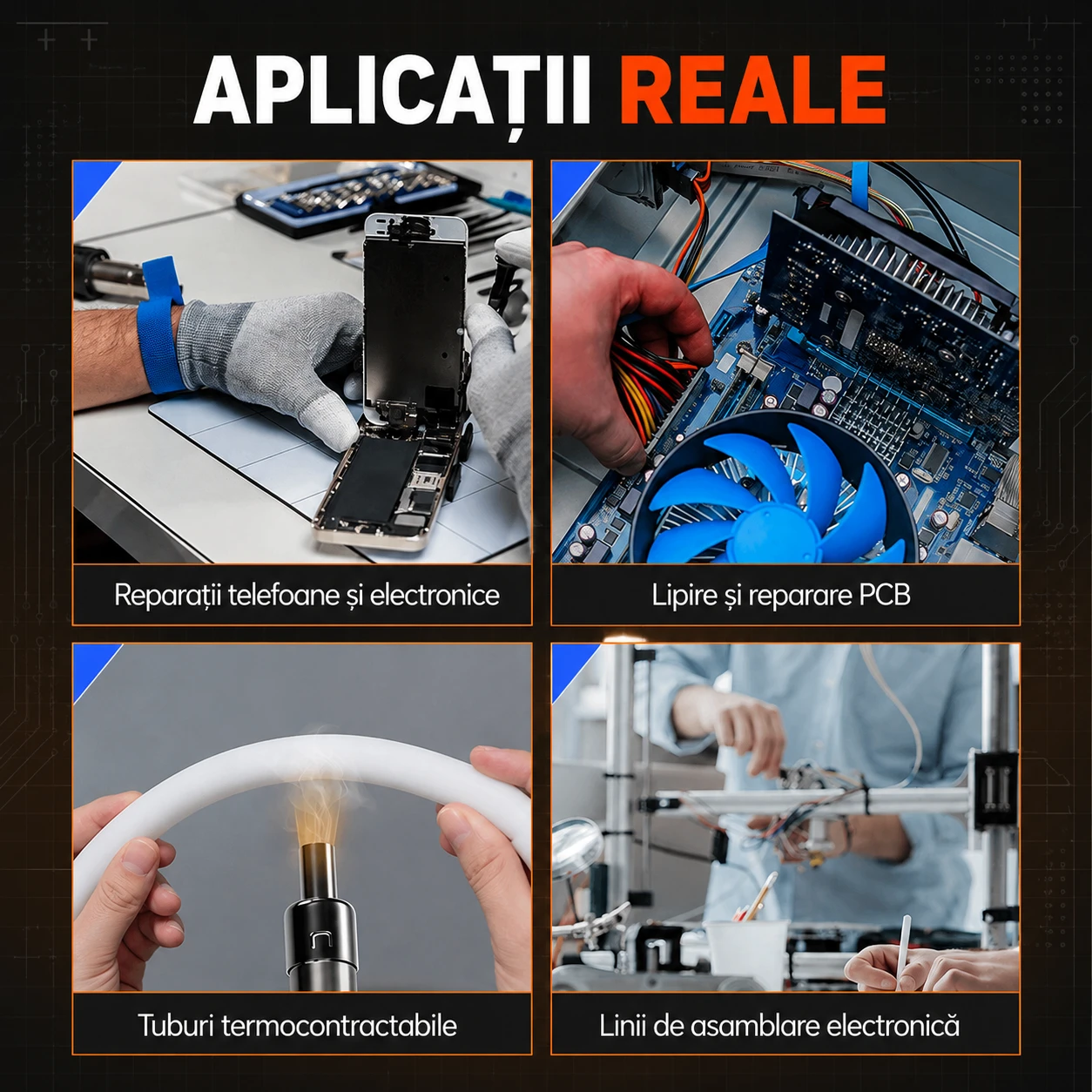 Aplicații reale — reparații telefoane, lipire PCB, tuburi termocontractabile, asamblare electronică