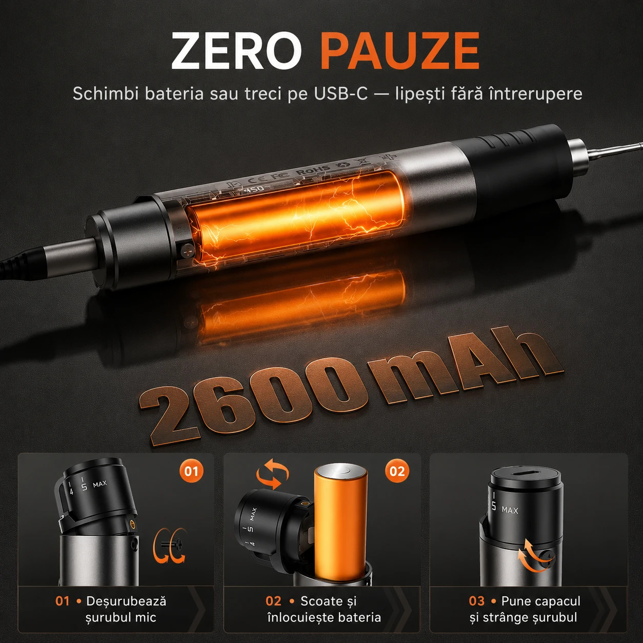 Schimbarea bateriei 2600 mAh în 3 pași