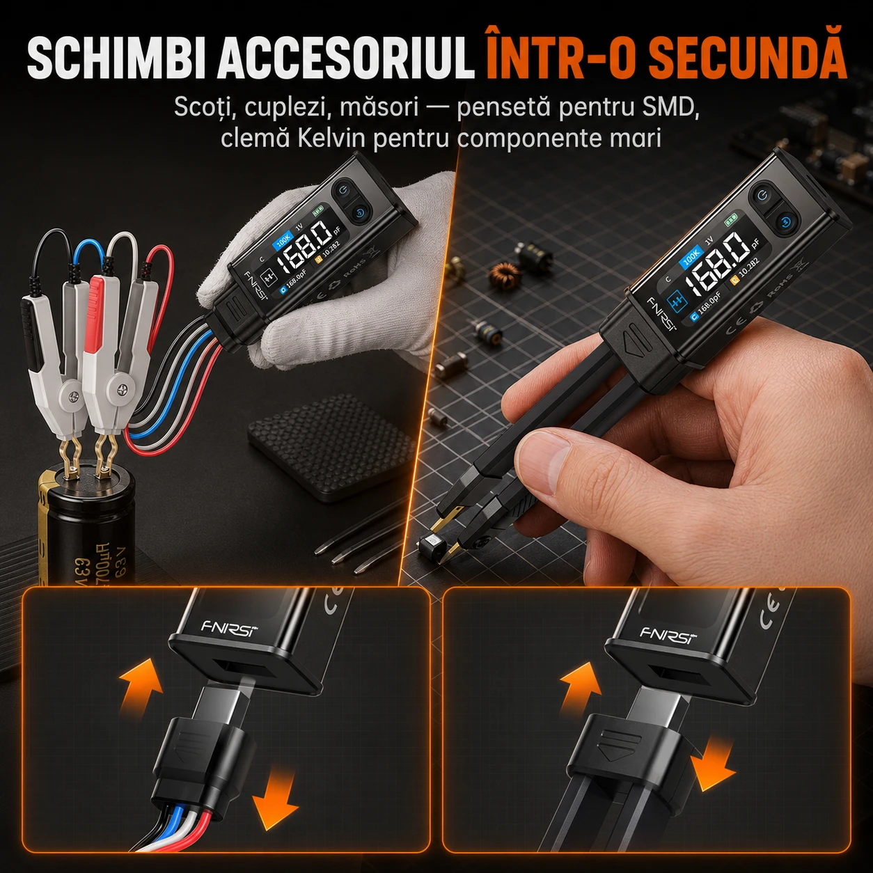 Schimbi accesoriul într-o secundă — pensetă pentru SMD, clemă Kelvin pentru componente mari