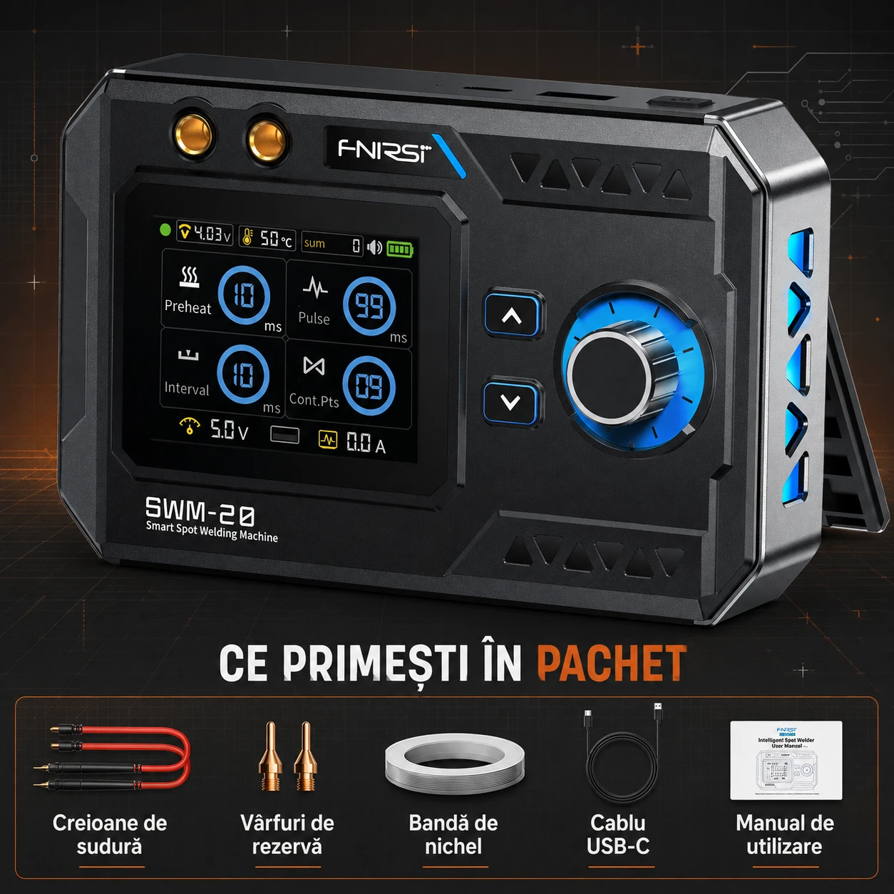 Ce primești în pachet — aparat SWM-20, creioane de sudură, vârfuri de rezervă, bandă de nichel, cablu USB-C, manual