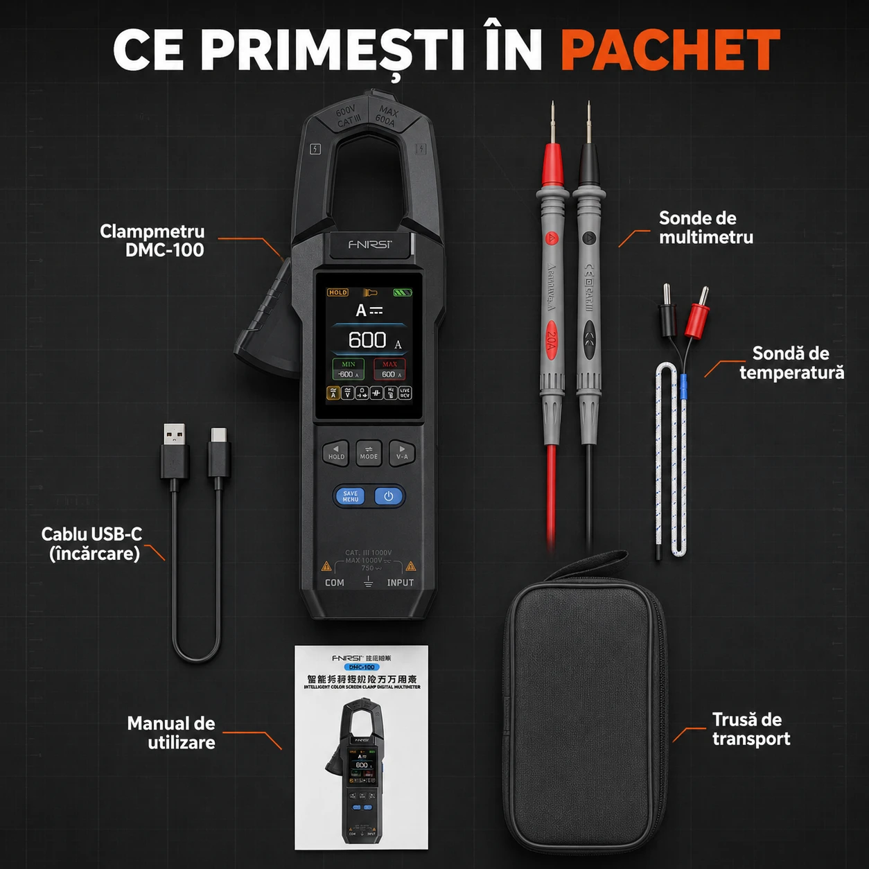 Ce primești în pachet — clampmetru DMC-100, sonde, sondă de temperatură, cablu USB-C, manual, trusă de transport