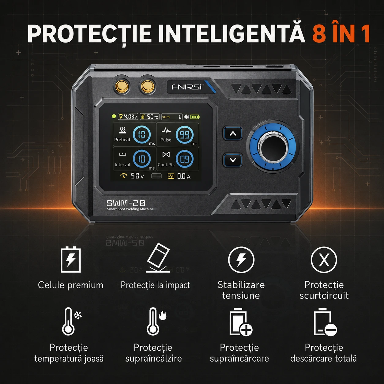 Protecție inteligentă 8 în 1 — supraîncălzire, scurtcircuit, supraîncărcare, descărcare totală, stabilizare tensiune, impact