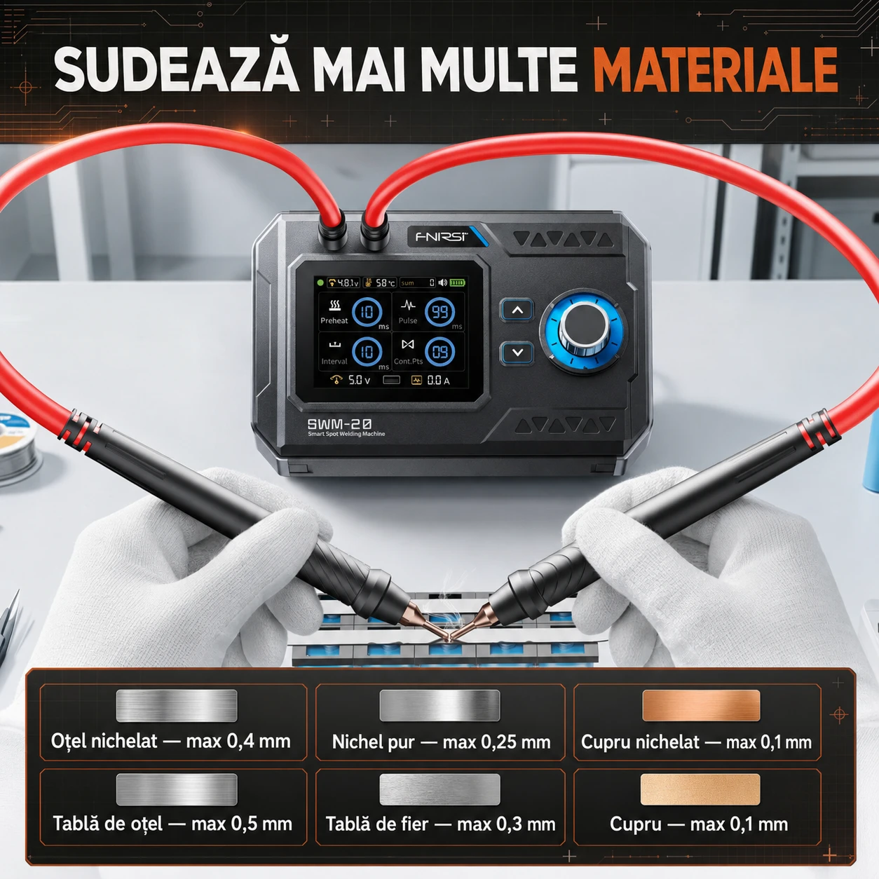 Sudează mai multe materiale — oțel 0,5 mm, oțel nichelat 0,4 mm, fier 0,3 mm, nichel pur 0,25 mm, cupru 0,1 mm