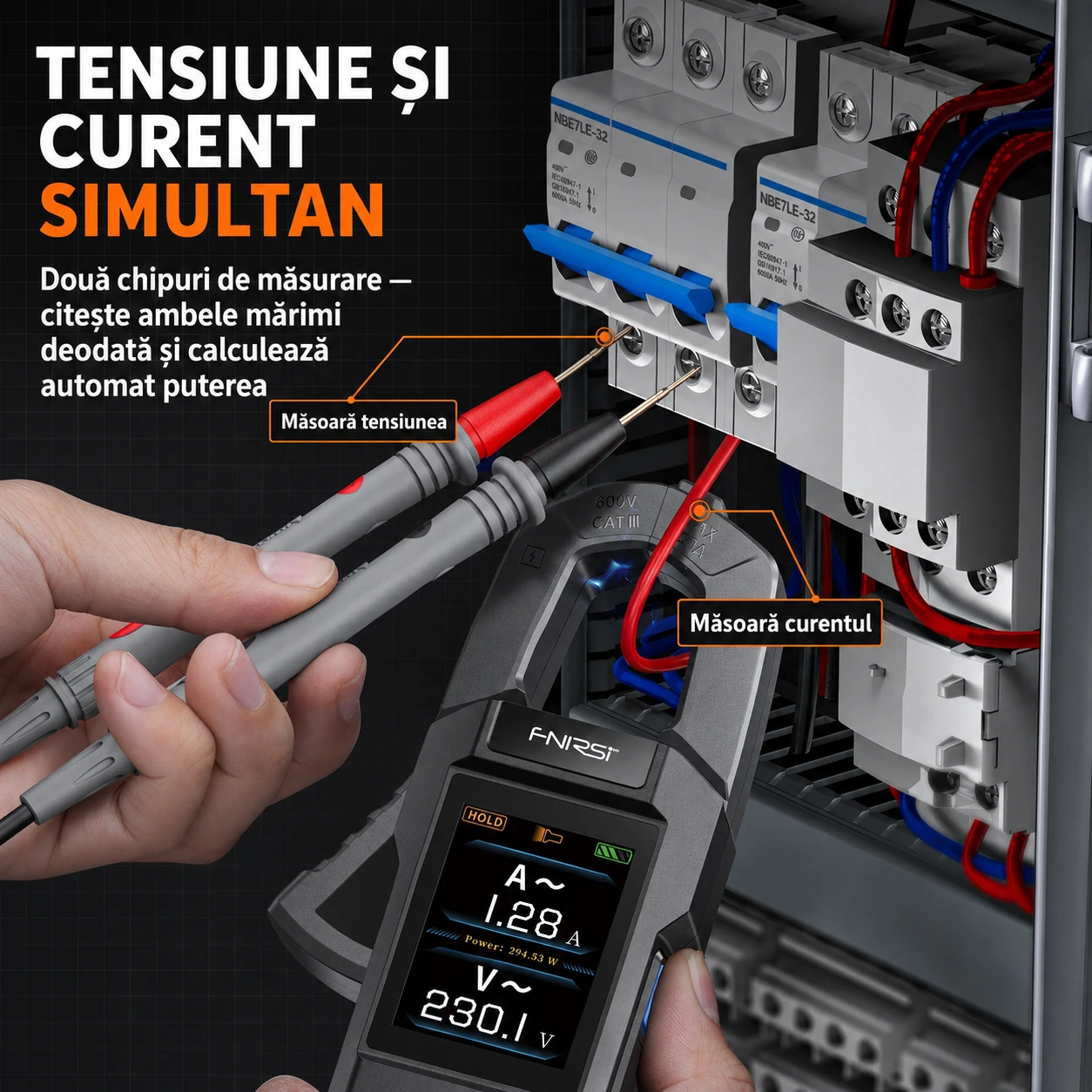 Tensiune și curent simultan — două chipuri de măsurare, calculează automat puterea