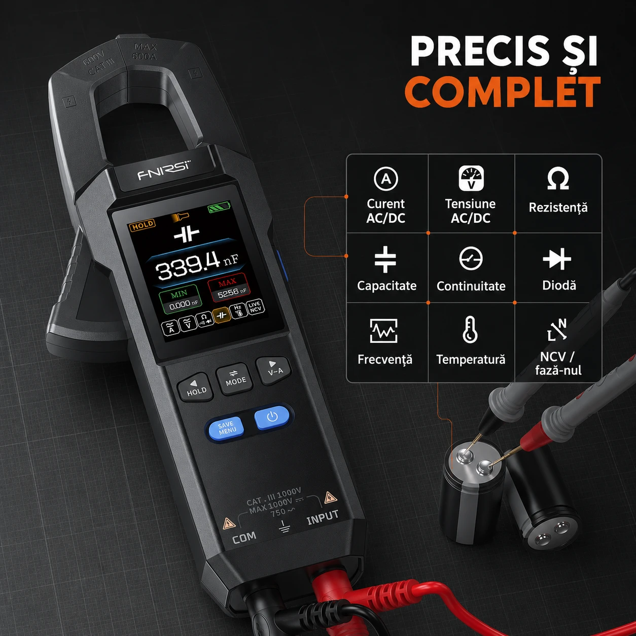 Precis și complet — 9 funcții de măsură: curent, tensiune, rezistență, capacitate, continuitate, diodă, frecvență, temperatură, NCV