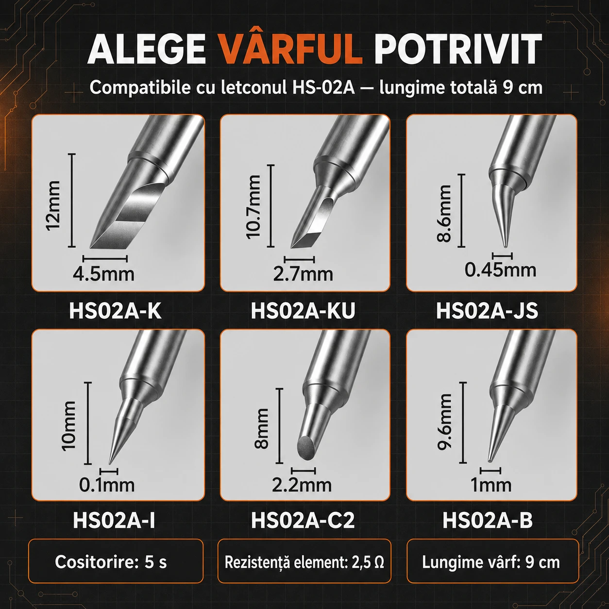 Cele 6 vârfuri compatibile HS-02A, cu dimensiuni