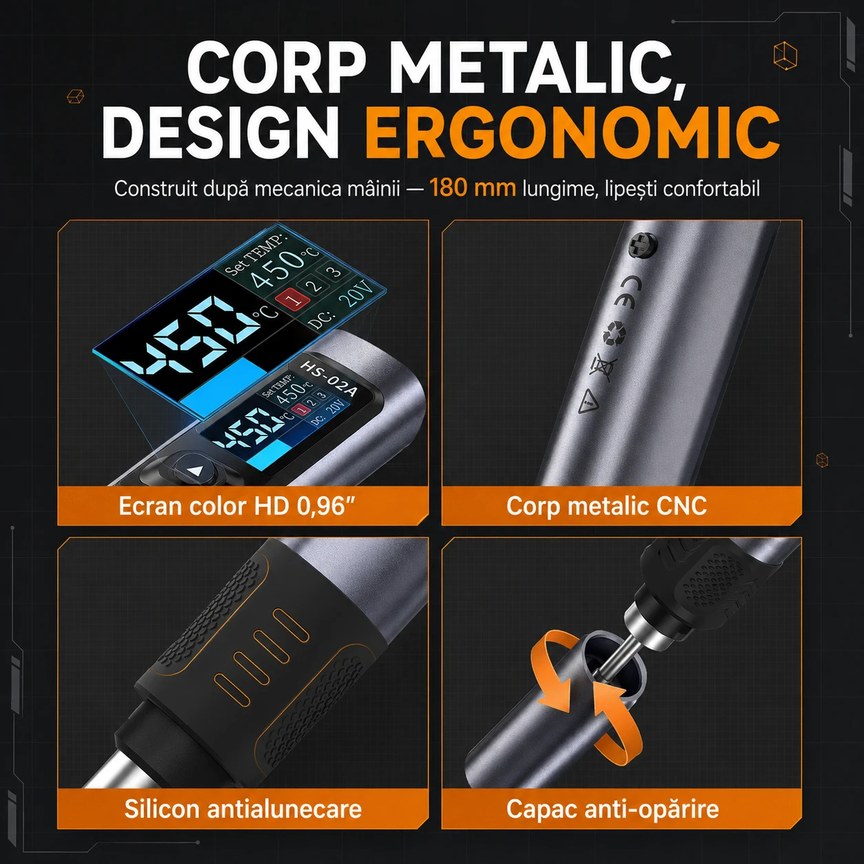 Corp metalic CNC, design ergonomic — ecran 0,96 inch, silicon antialunecare, capac anti-opărire