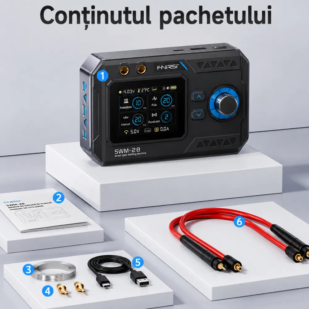 FNIRSI SWM-20 — sudură în puncte dublă-puls pentru baterii curate, fără arsuri