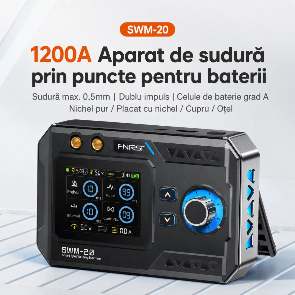 FNIRSI SWM-20 — sudură în puncte dublă-puls pentru baterii curate, fără arsuri