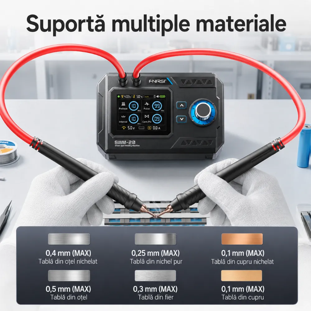FNIRSI SWM-20 — sudură în puncte dublă-puls pentru baterii curate, fără arsuri