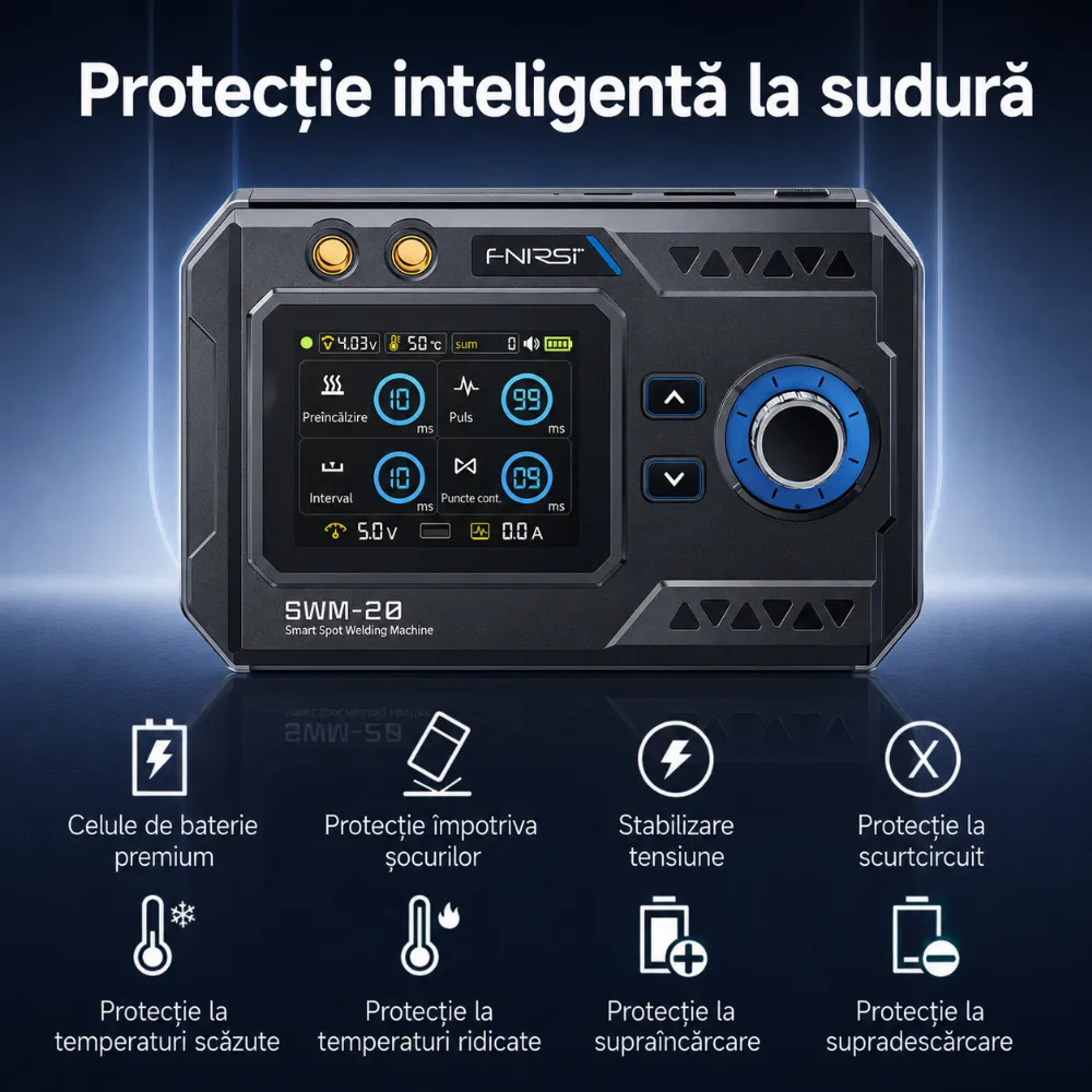FNIRSI SWM-20 — sudură în puncte dublă-puls pentru baterii curate, fără arsuri