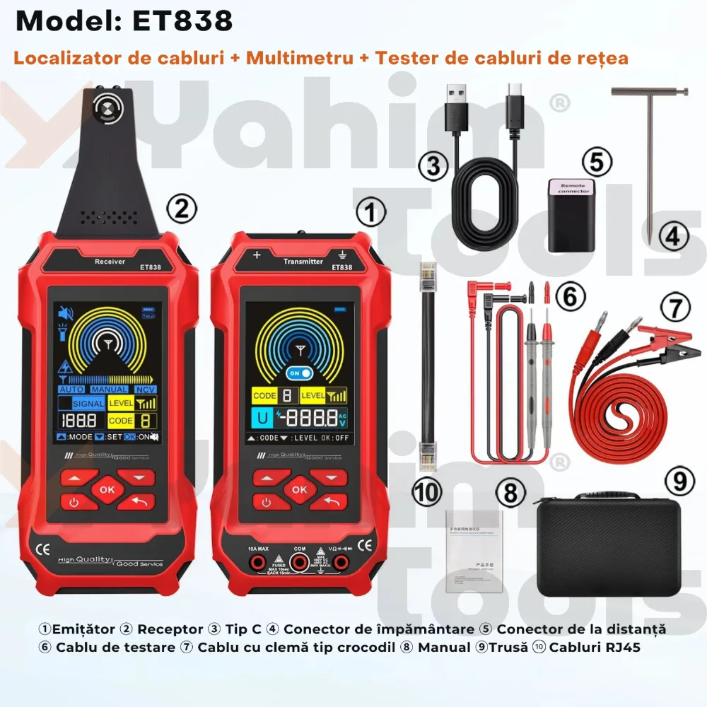 TOOLTOP ET838 — localizator de cabluri subterane, multimetru și tester RJ45