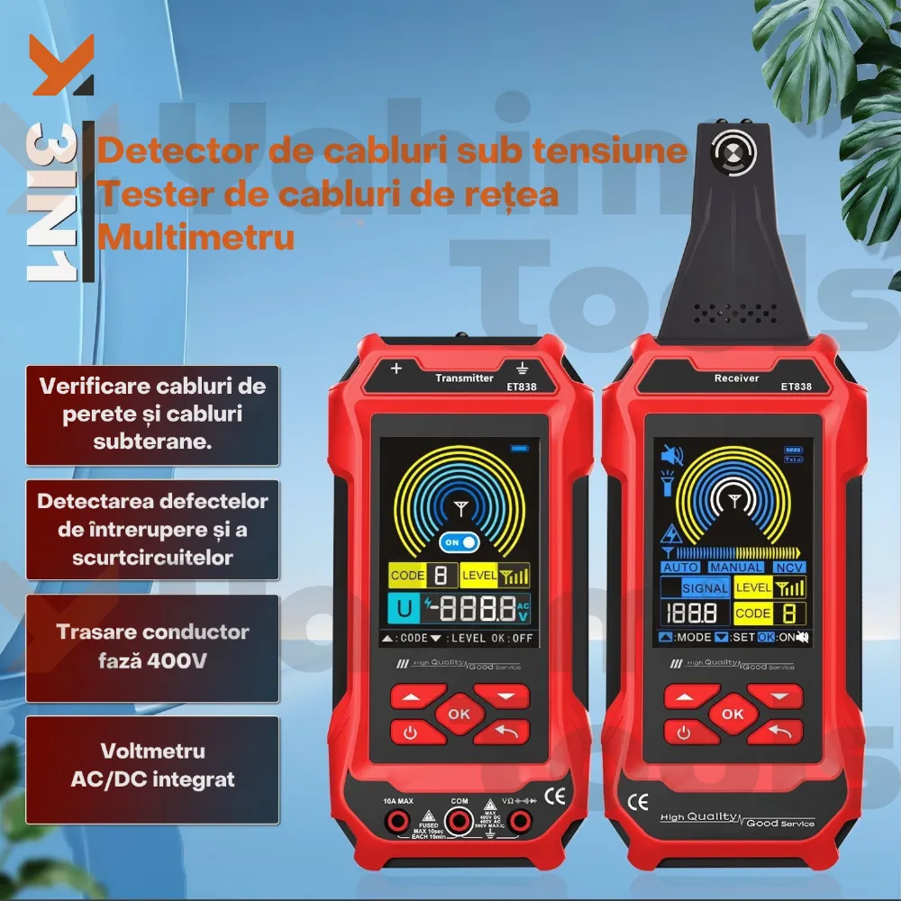 TOOLTOP ET838 — localizator de cabluri subterane, multimetru și tester RJ45