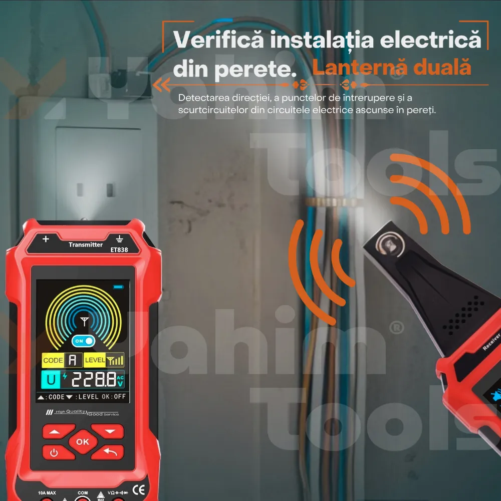 TOOLTOP ET838 — localizator de cabluri subterane, multimetru și tester RJ45