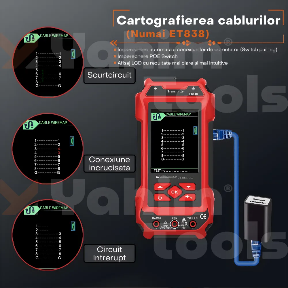 TOOLTOP ET838 — localizator de cabluri subterane, multimetru și tester RJ45